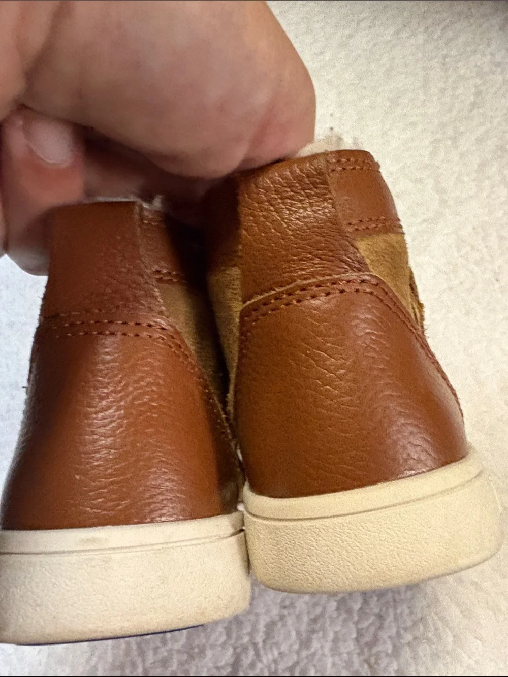 UGG size 8 Kids Brown & Tan Leather Suede Velcro Boots with Blue Tread